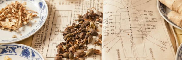 Traditional Chinese herbs on porcelain plates placed over classical medical texts, including an anatomical meridian chart.